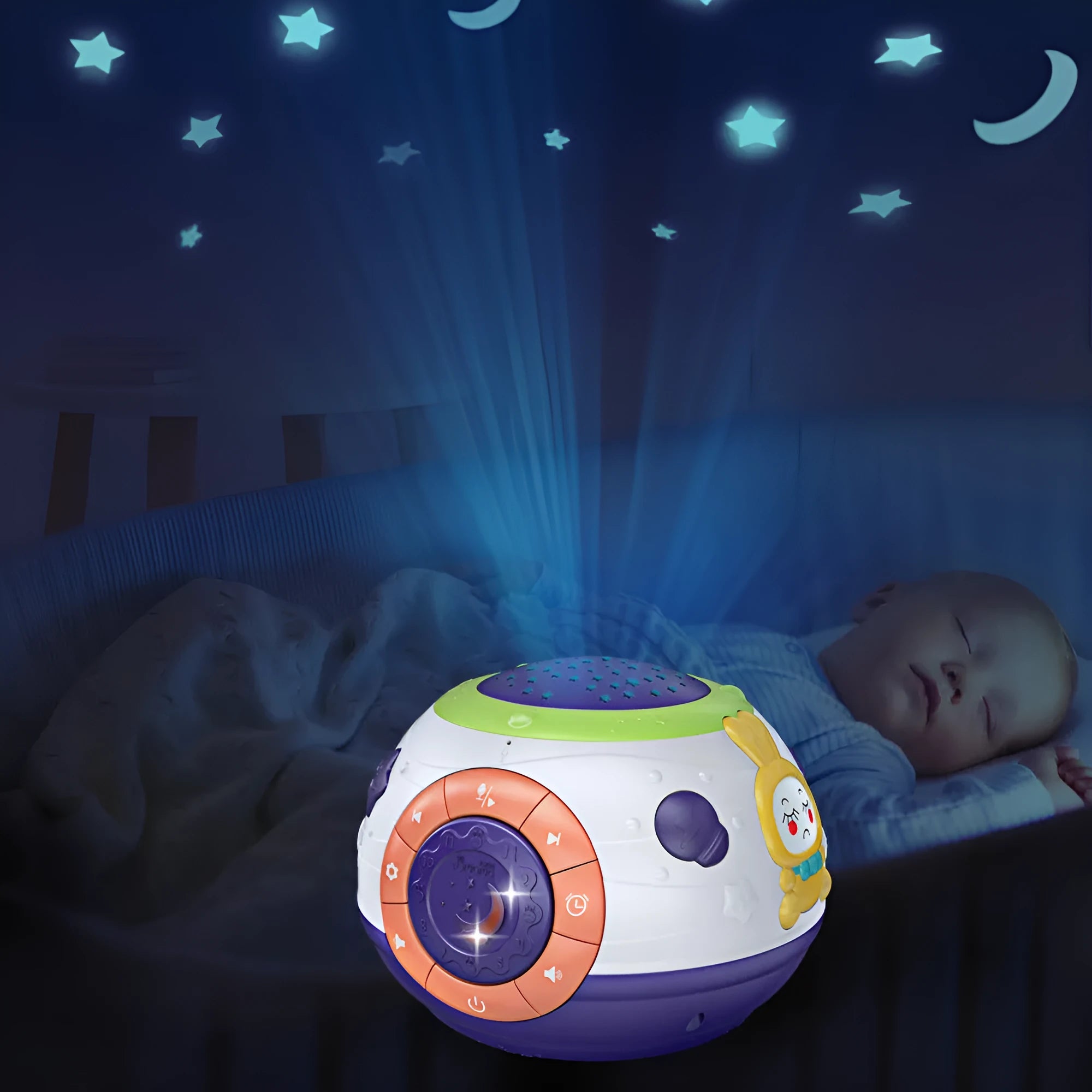 White starry sky night light projector for children showing control button and projection pattern