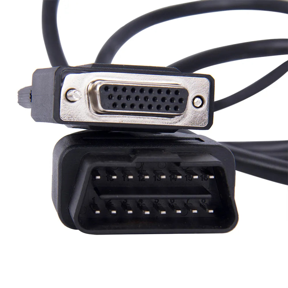 Black OBD2 male to DB26 female extension cable 180cm long with connectors visible