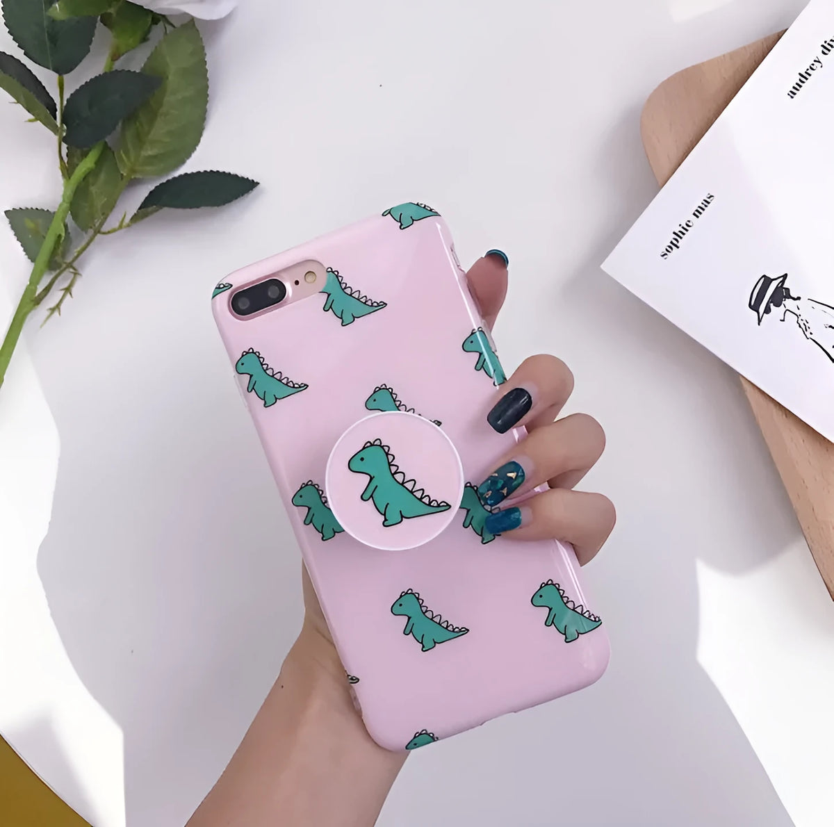 Pink dinosaur iPhone case with bracket, TPU glossy IMD back cover for iPhone 6 7 8 X XS XR