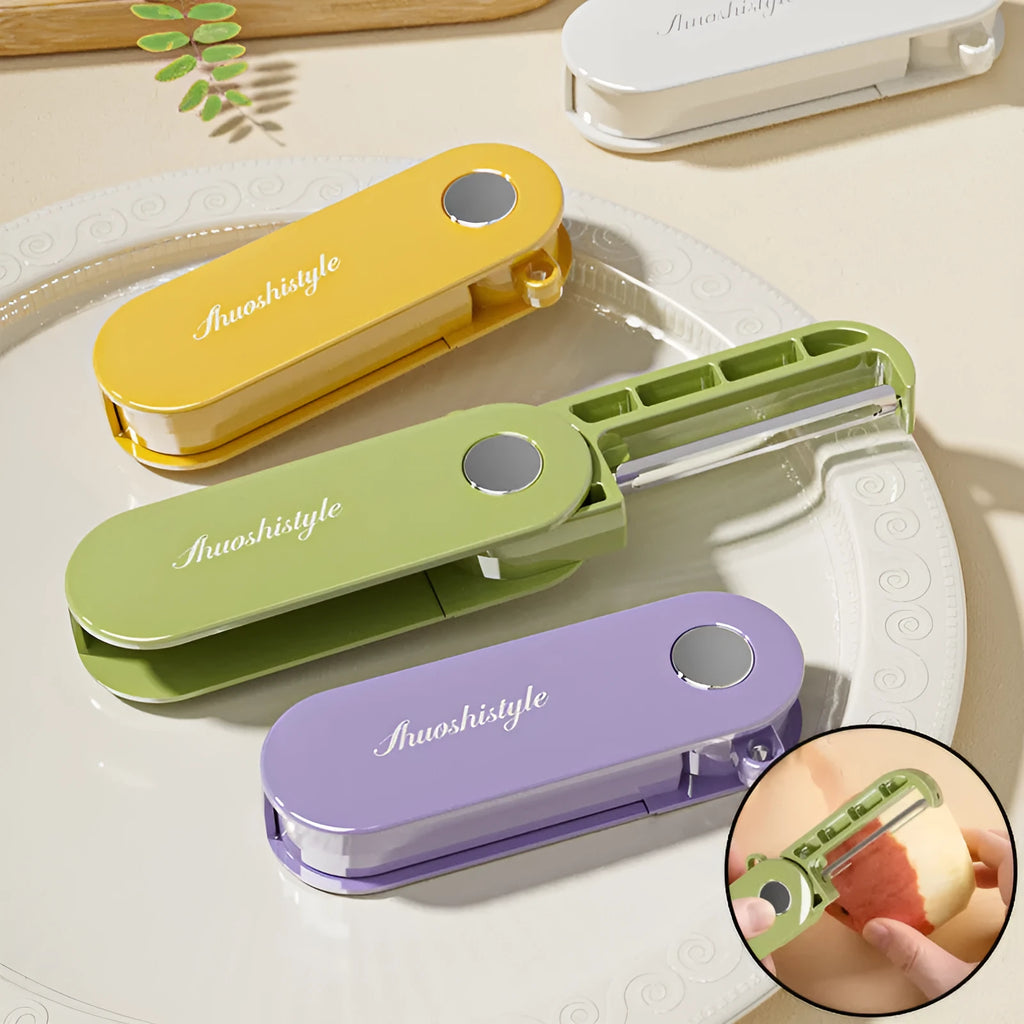 Foldable vegetable peeler with stainless steel blade and ABS handle, 91x36x18mm, shown in green