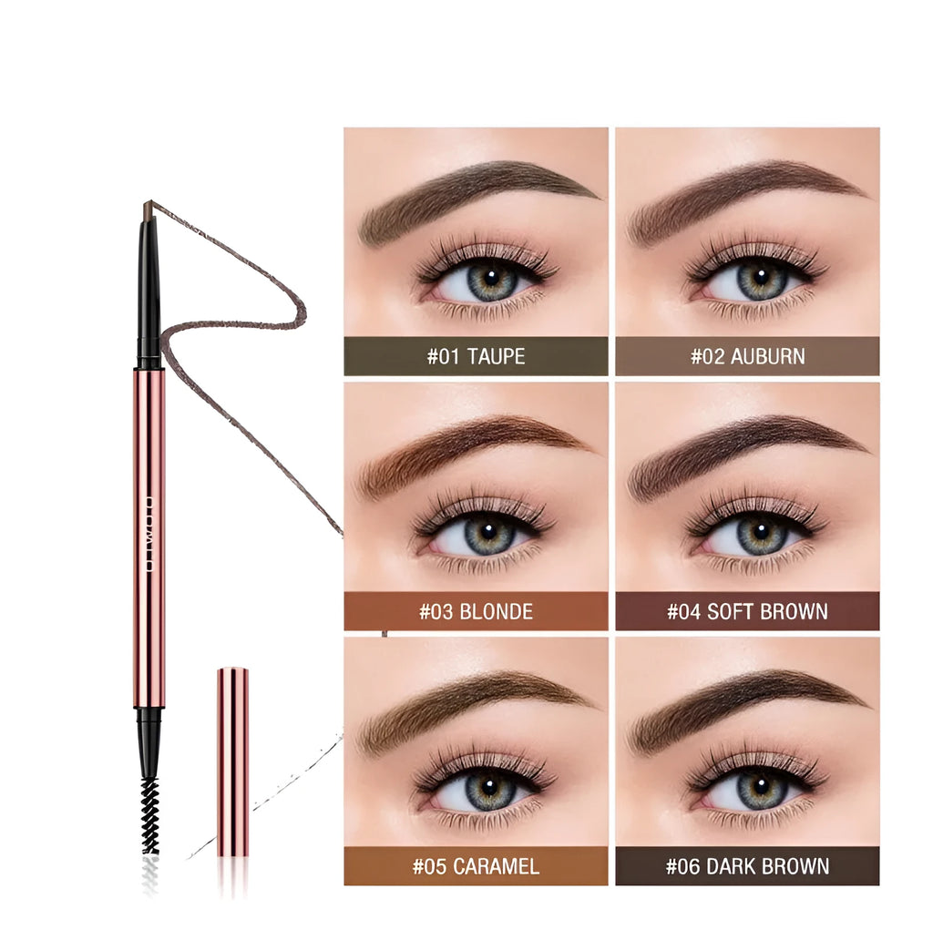 Eyebrow make-up stick in a colour box, showing the six shade options: Auburn, Blonde, Caramel, Dark Brown, Soft Brown, Taupe.