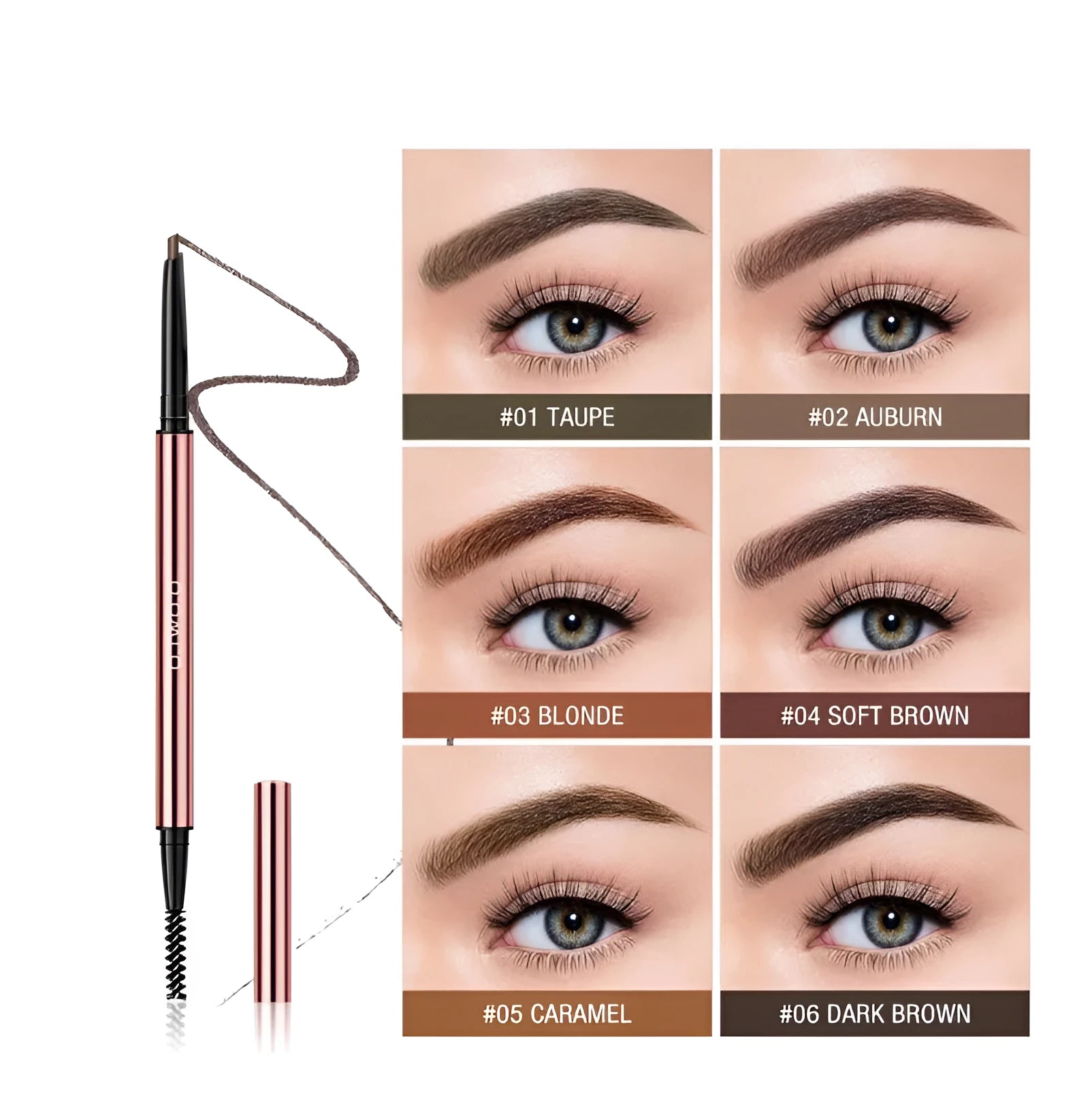 Eyebrow make-up stick in a colour box, showing the six shade options: Auburn, Blonde, Caramel, Dark Brown, Soft Brown, Taupe.