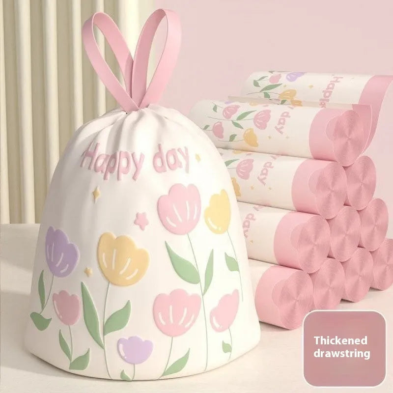 Pink degradable drawstring bin bags with argy wormwood for mosquito repellent, size 44cm by 48cm.