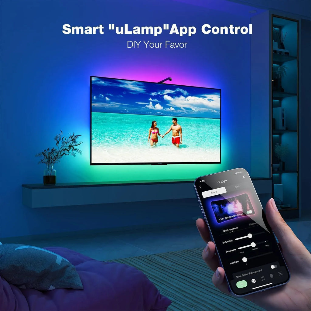 5 metre RGB LED strip lights with remote control for screen-synchronised desktop and TV background lighting