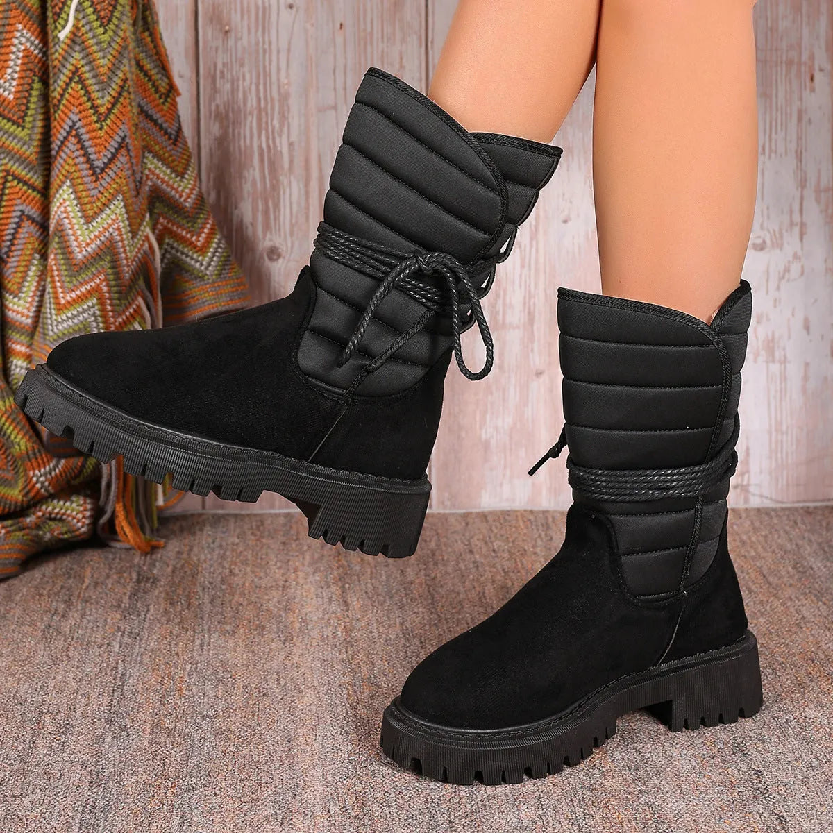 Women's chunky heel high-top snow boots in suede with fleece lining, shown in black, brown, and grey.