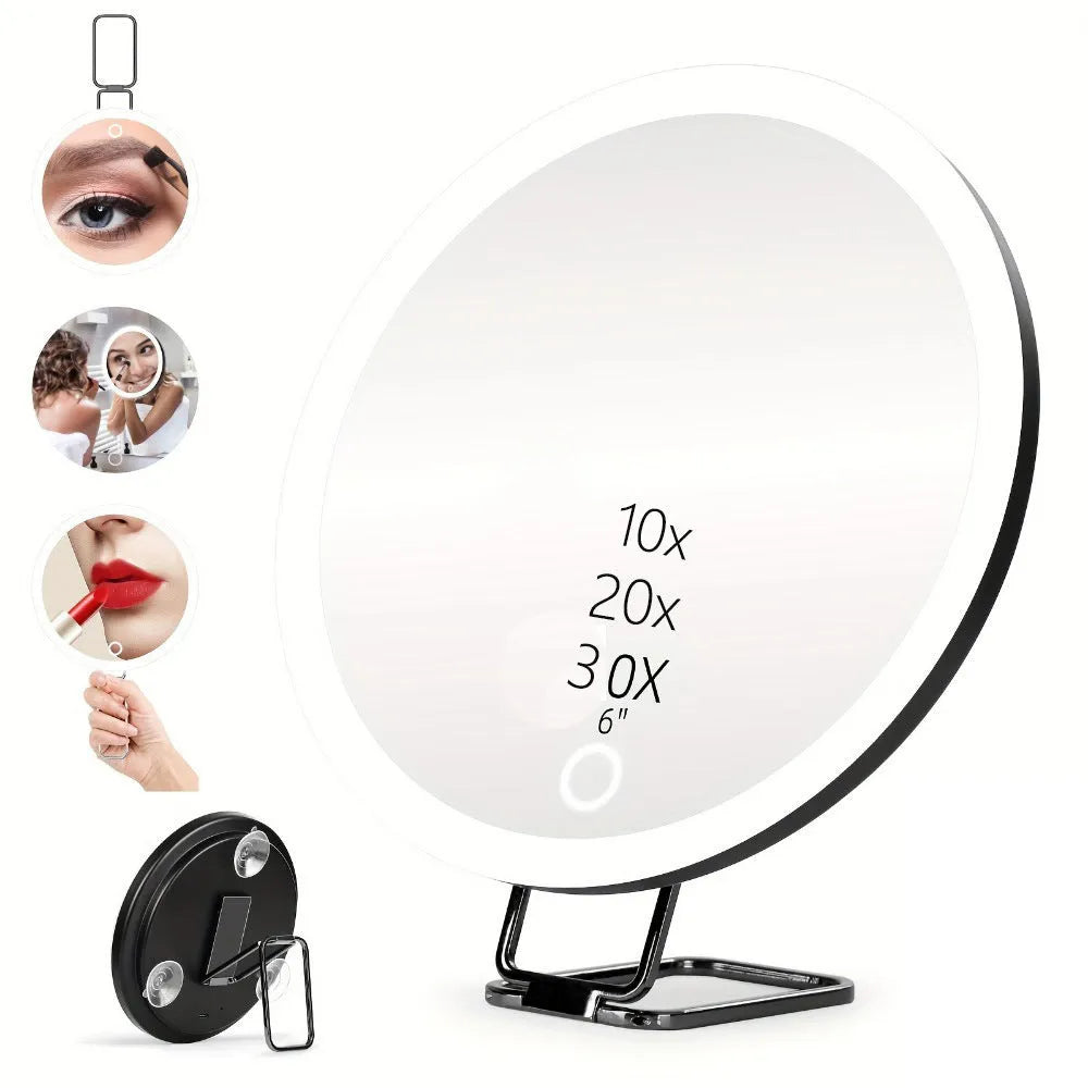 Charging LED fill light makeup mirror with rotating bracket stand tweezers and scissors in white