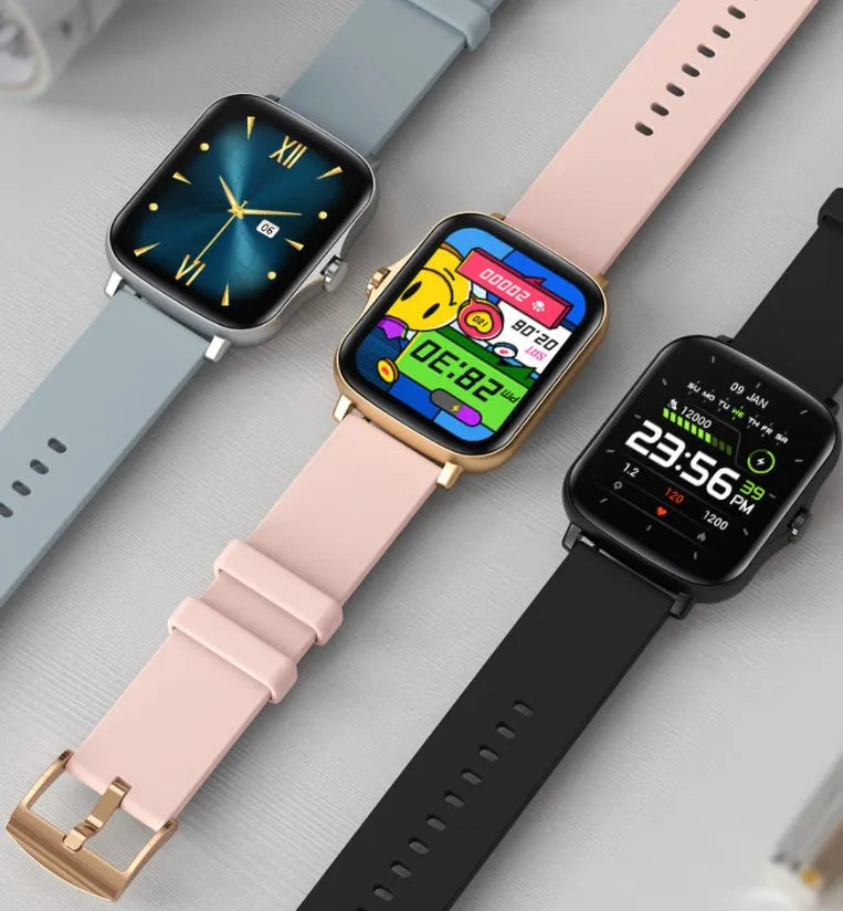 Black smart sports watch with a 1.7-inch colour touch screen on a adjustable strap, showing the home screen interface.