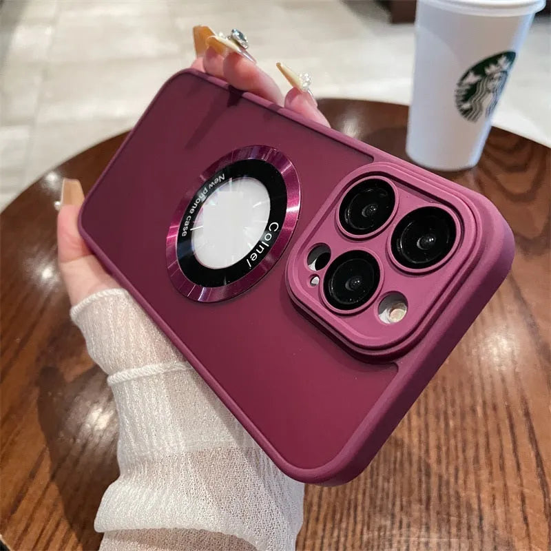 Magnetic frosted PC phone case for iPhone 15 series in dark purple with magnetic attachment