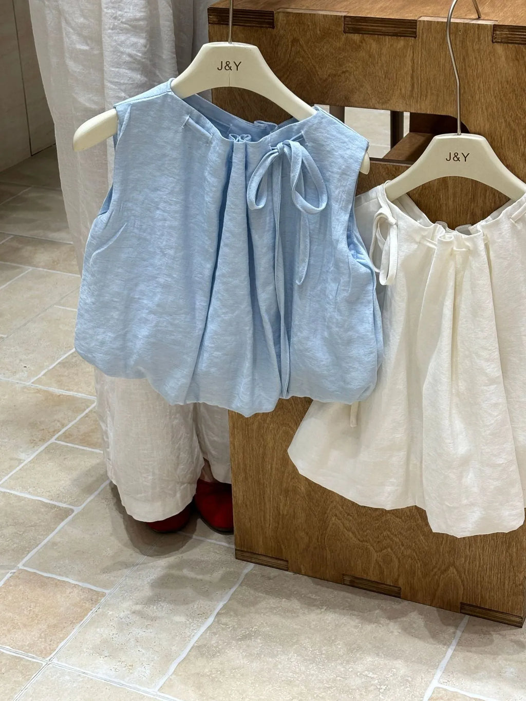 Girls sleeveless cotton shirt in milky white with drawstring neckline, Korean style summer top.