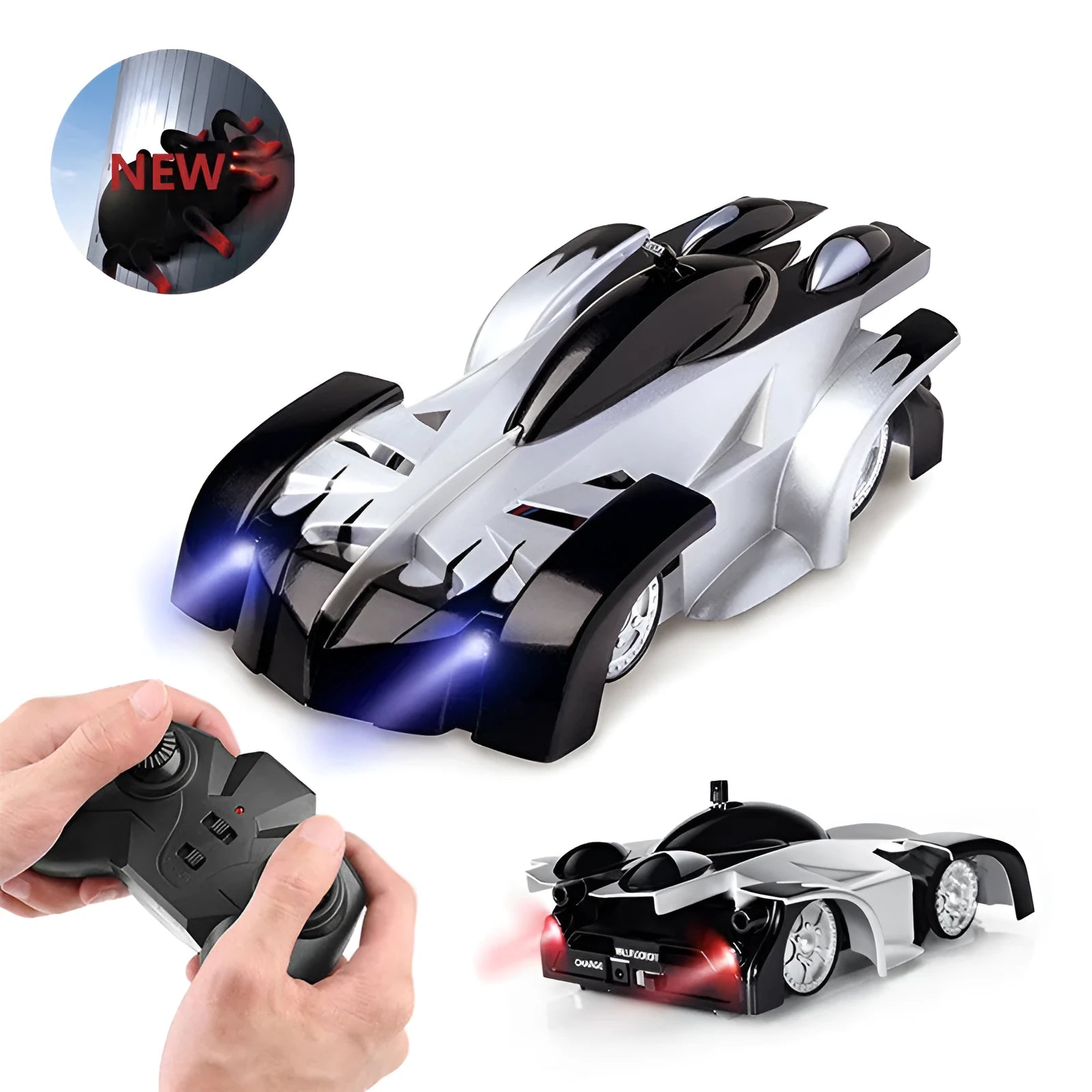 Remote control wall climbing car toy in black, blue, or red with wireless controller