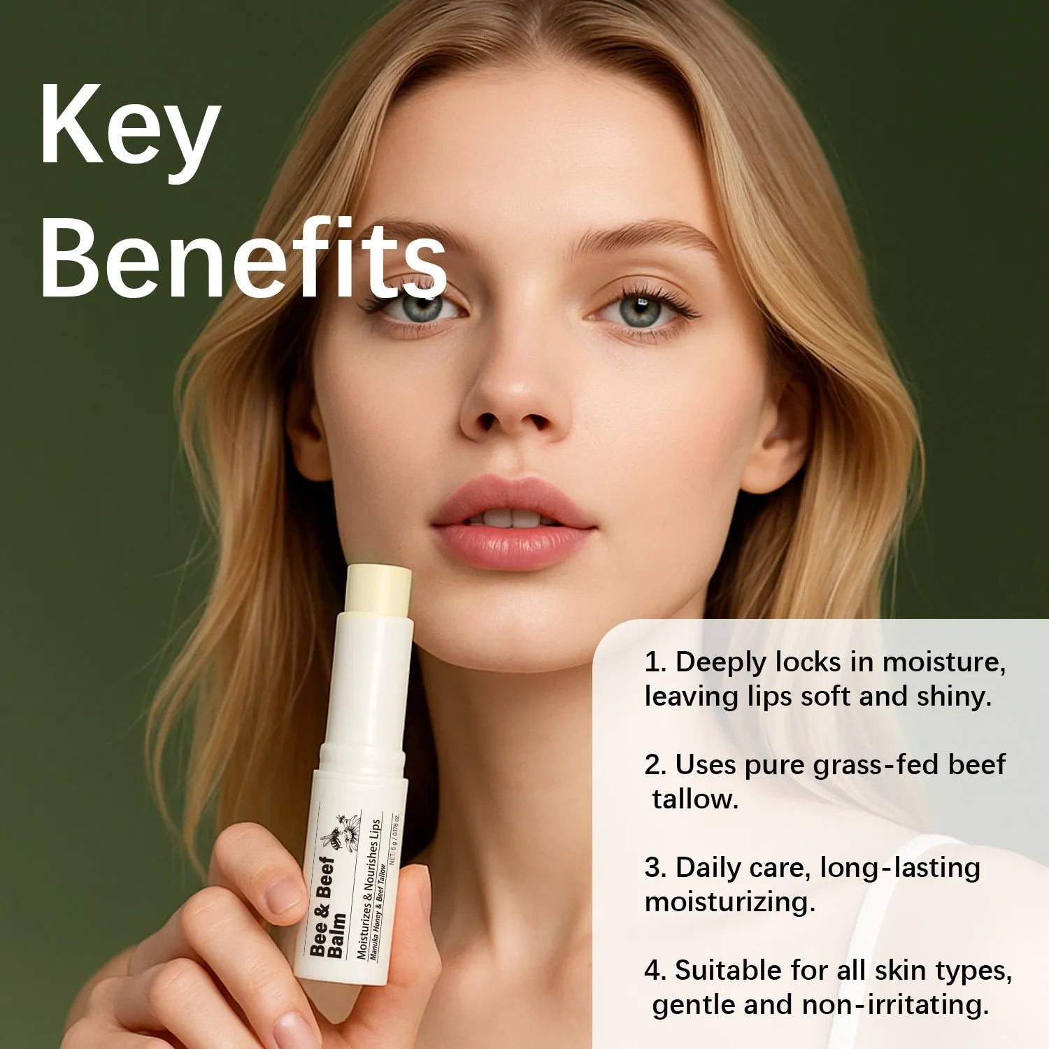 Organic beef fat lip balm stick measuring 83mm long with 5g content