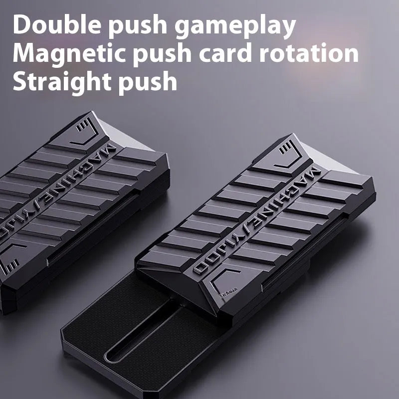 Semi-infinite push card metal decompression toy in Battlefield Gray with fingertip gyro on white background
