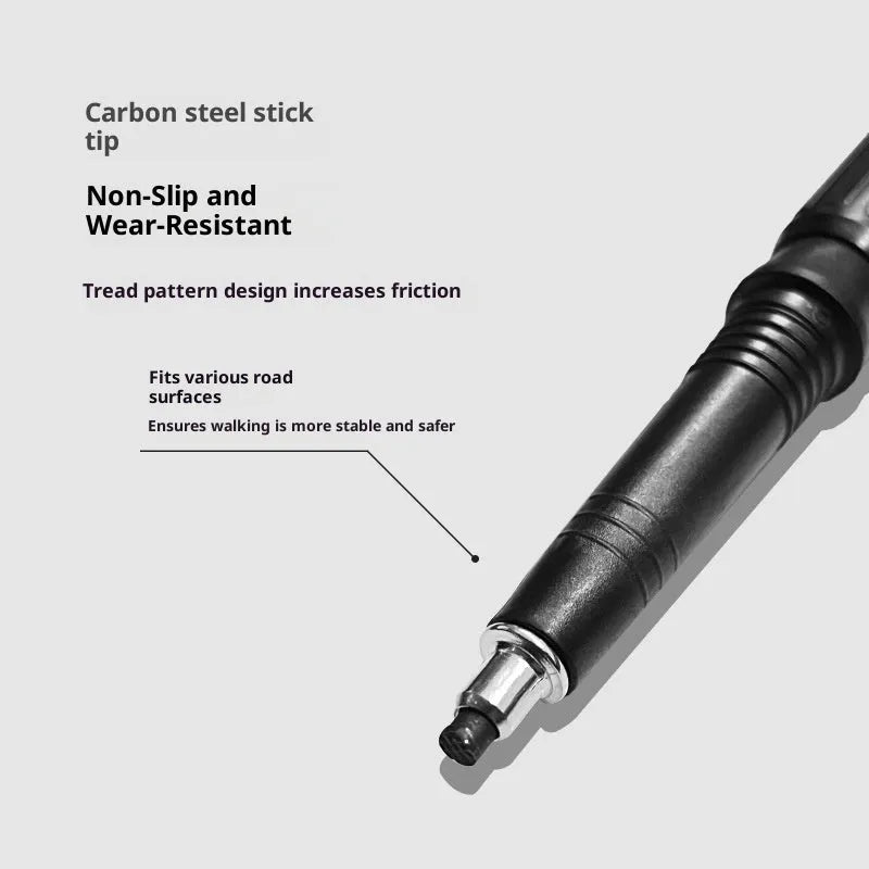 Silver four-section aluminium alloy alpenstock with curved handle, extended to full height on outdoor trail