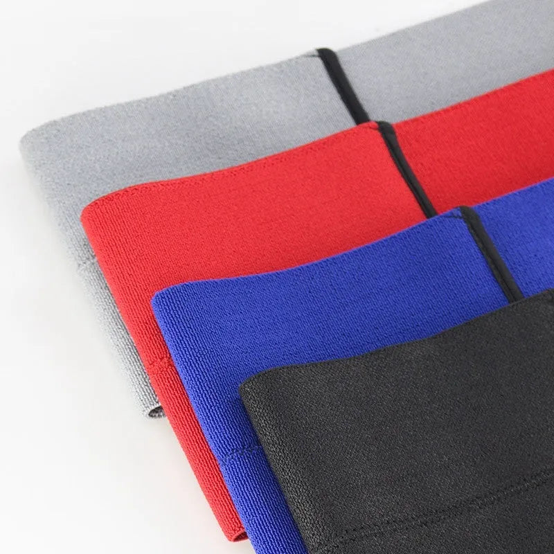 Elastic elbow support bandage for boxing and fitness in black, blue, red, and grey colours.