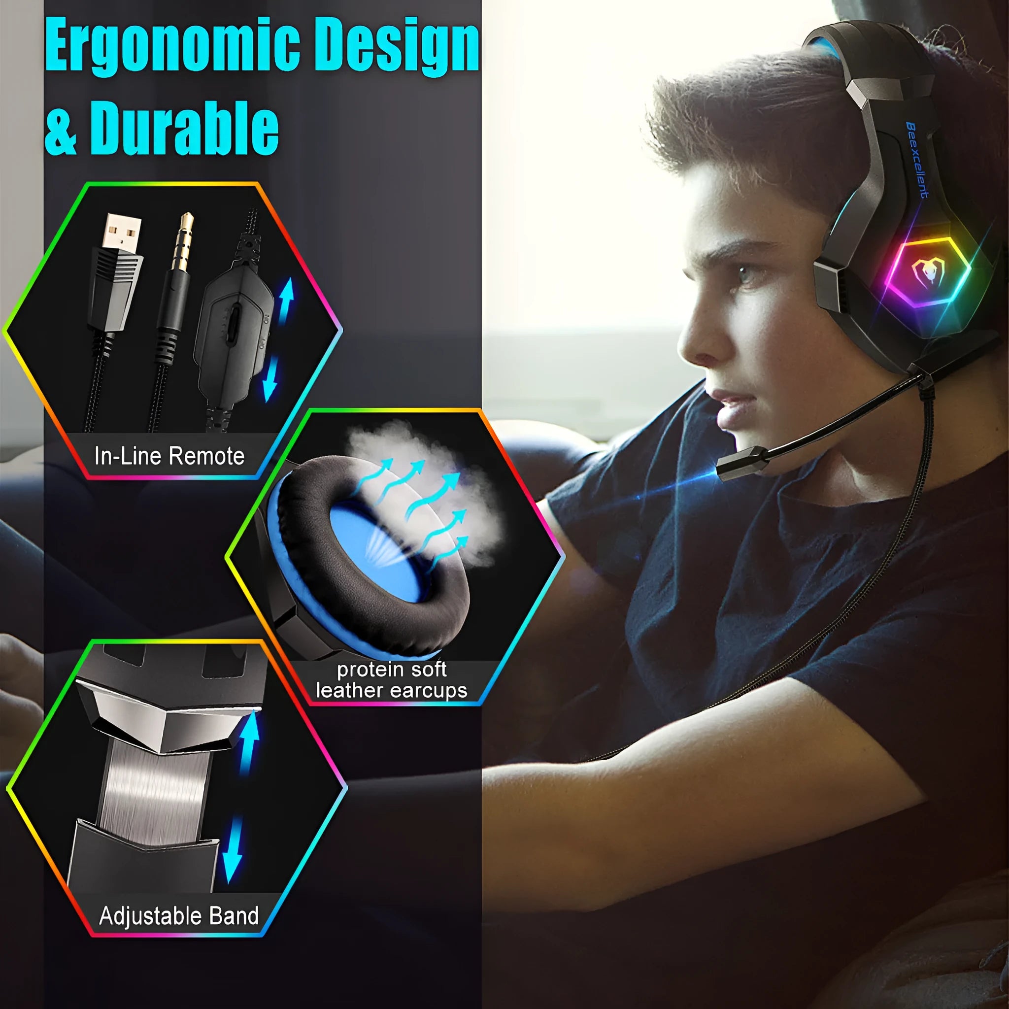Thunder Wear Luminous gaming headset with LED lights in black and blue colour option