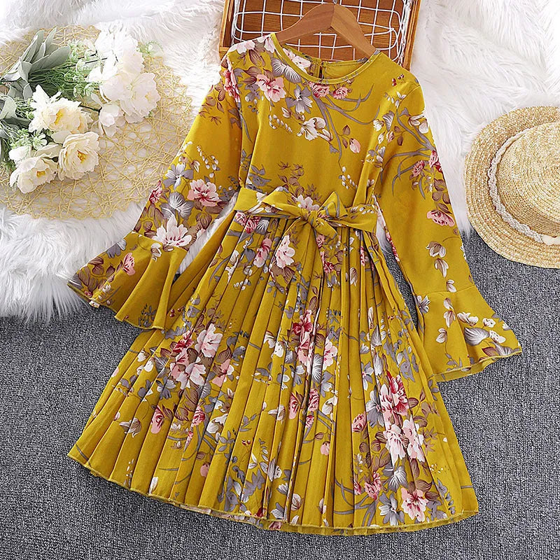 Explosive Kids Korean printed long sleeve princess dress for girls aged 3-8 in yellow