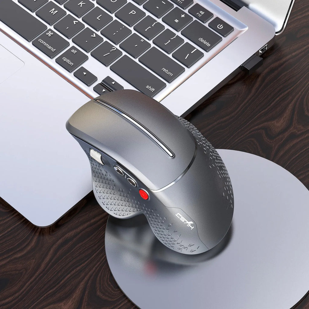 T32 wireless vertical ergonomic mouse in black matte texture showing aluminium side roller and 2.4GHz USB receiver.