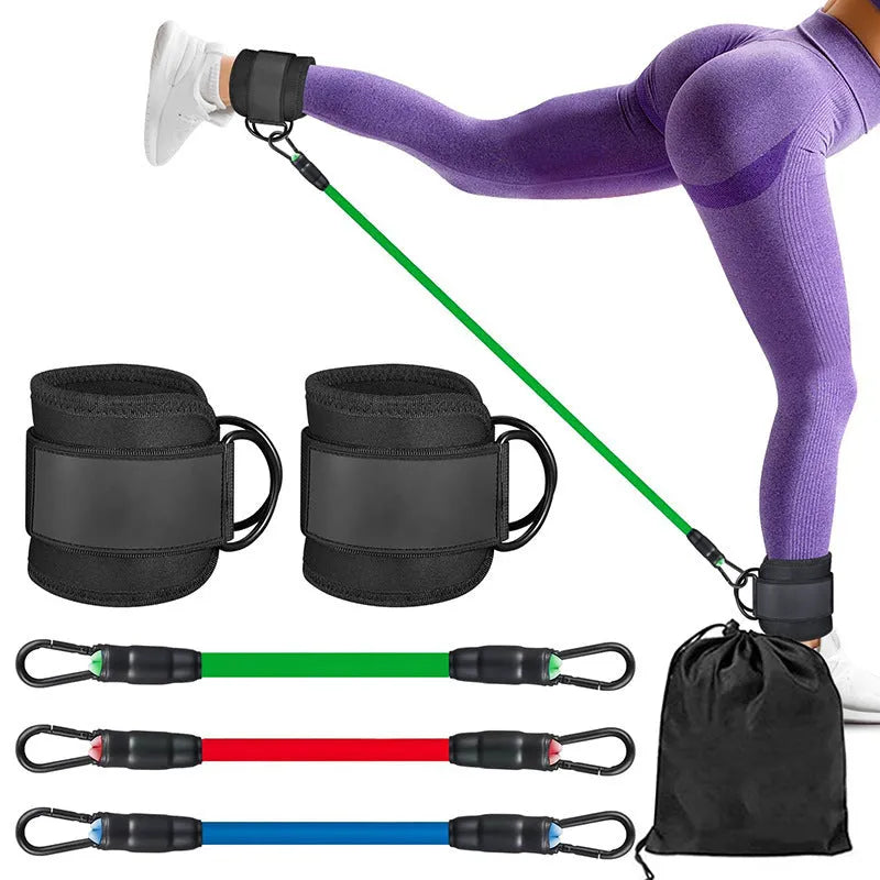 Set of three colour-coded TPE resistance bands with foot loops and a storage bag for fitness.