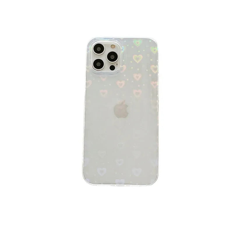 Laser colourful love pattern on a transparent silicone iPhone case for iPhone 13 Pro.