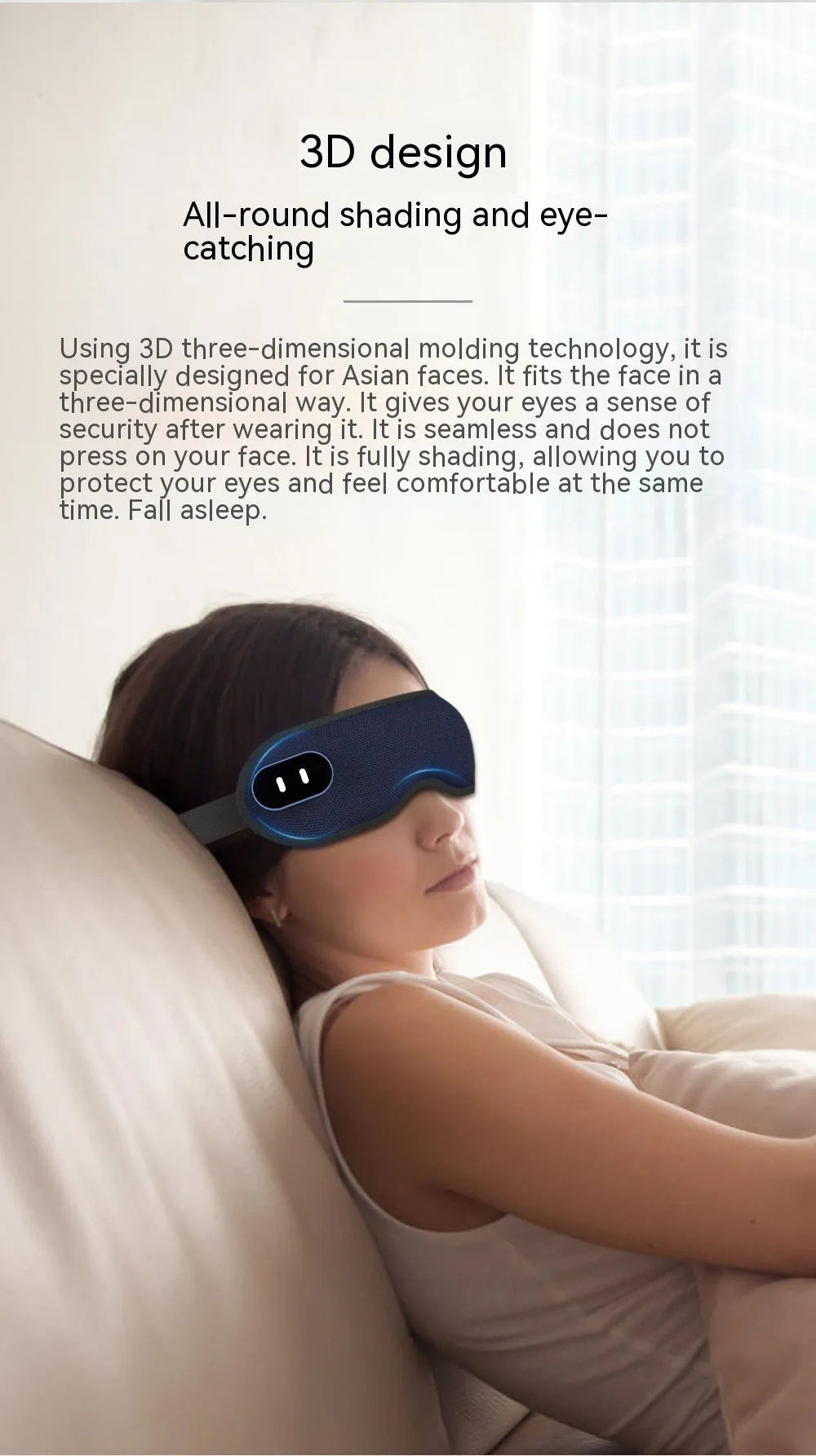 Lycra fabric sleep eye mask with steam and massage functions, shown with USB cable