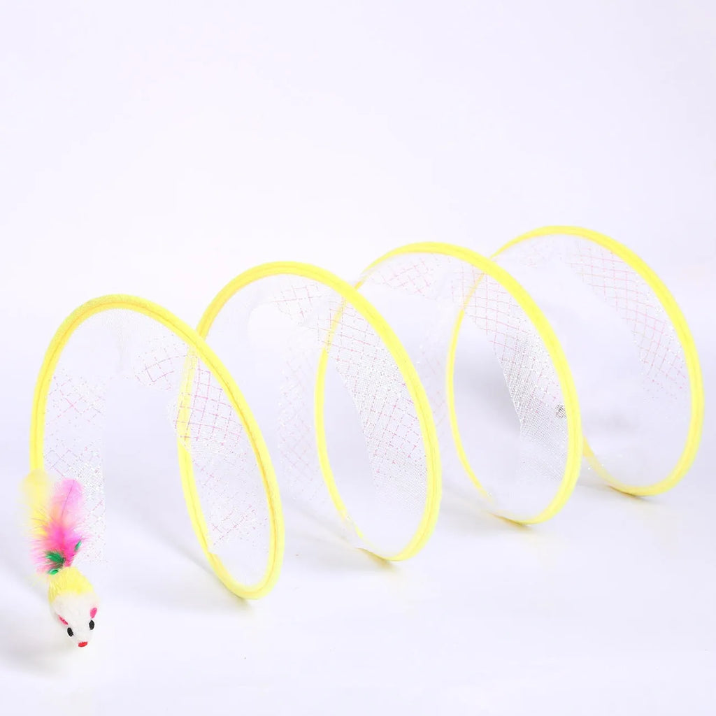 S-type steel wire frame cat tunnel with elastic net fabric and a feather teaser attached.