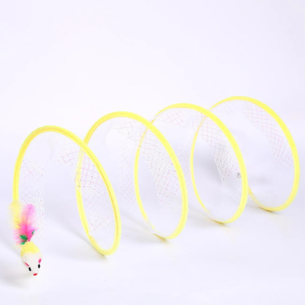 S-type steel wire frame cat tunnel with elastic net fabric and a feather teaser attached.