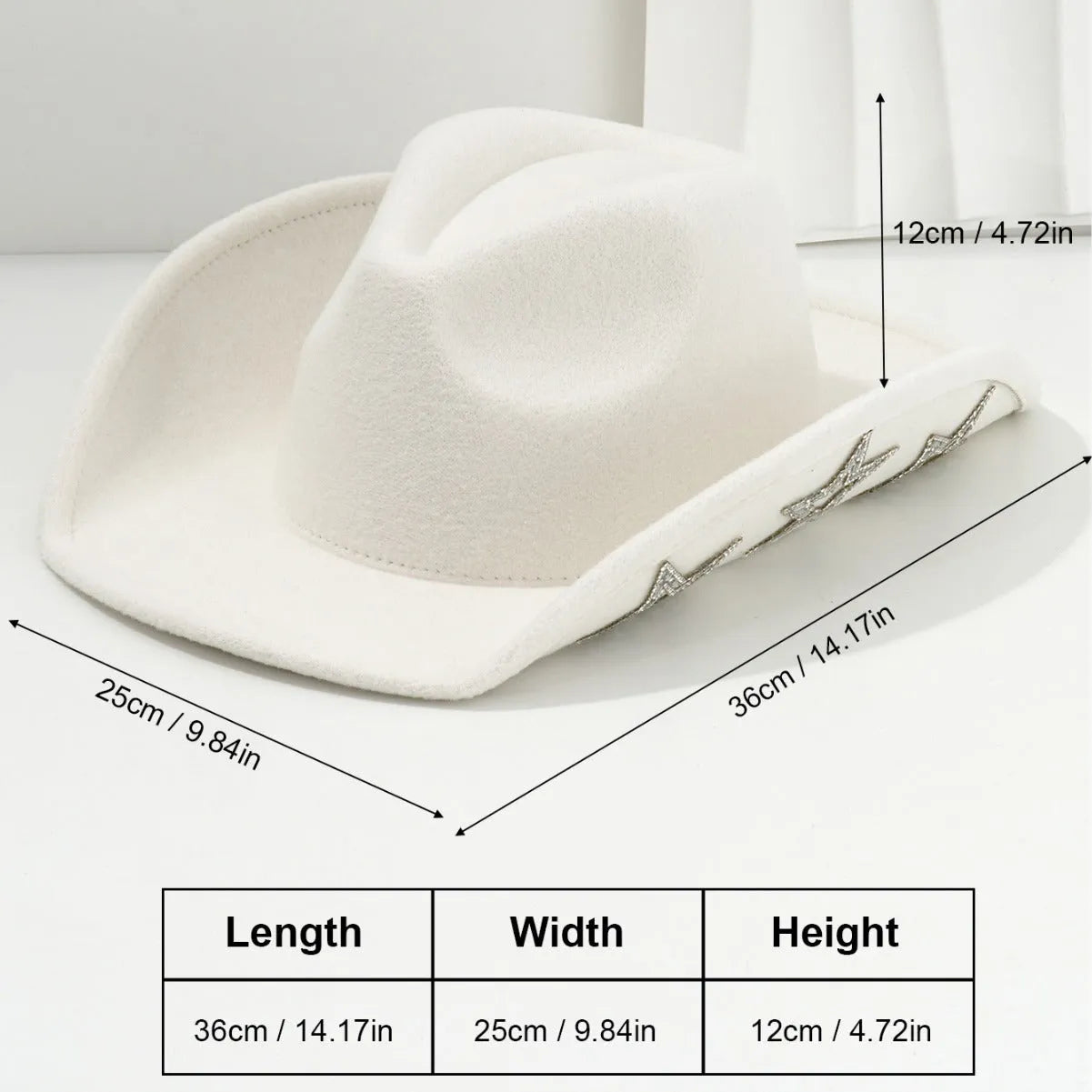 Beige woolen felt western denim top hat with a conical crown and a hexagonal star decoration on the front.