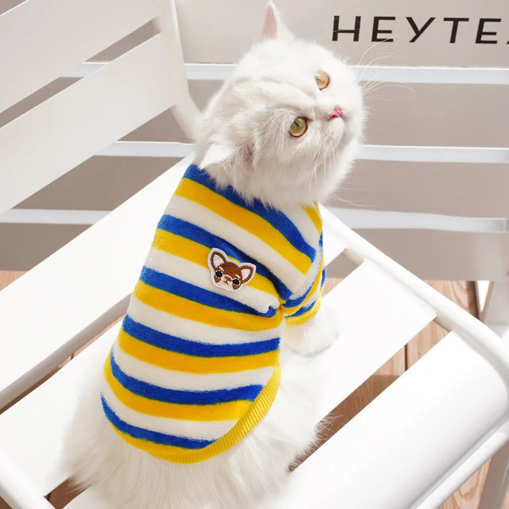 Embroidered fluffy polyester dog cat jacket in striped colour, XS-XXL chest 30-55cm