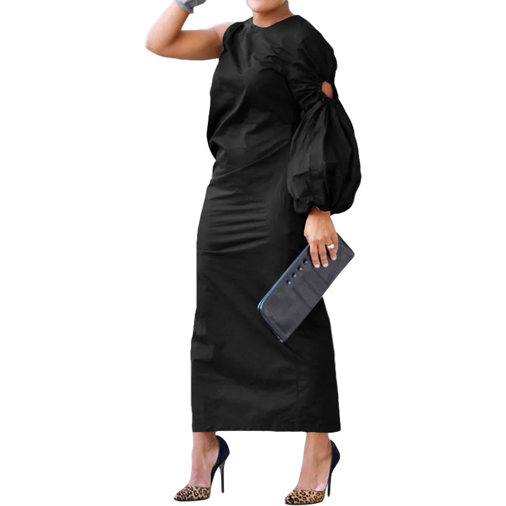 Women's solid colour single-sleeve long dress with elastic waist and side slit in army green