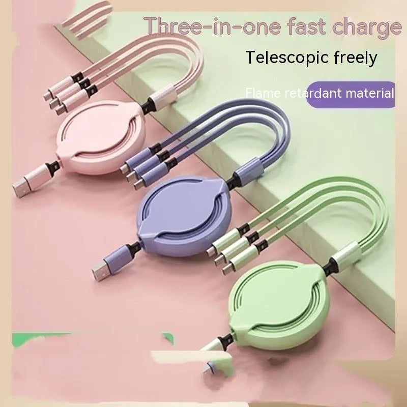 Three-in-one liquid silicone fast charging cable with aluminium alloy connectors, 1.2m length, in five colours.