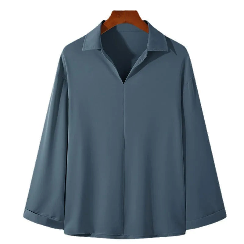 Men's loose lapels casual office shirt in polyester with non-ironing feature