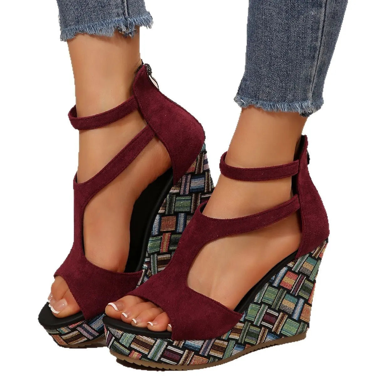 Women's cream white ankle-strap sandals with thick rubber sole, buckle closure, and cloth upper.