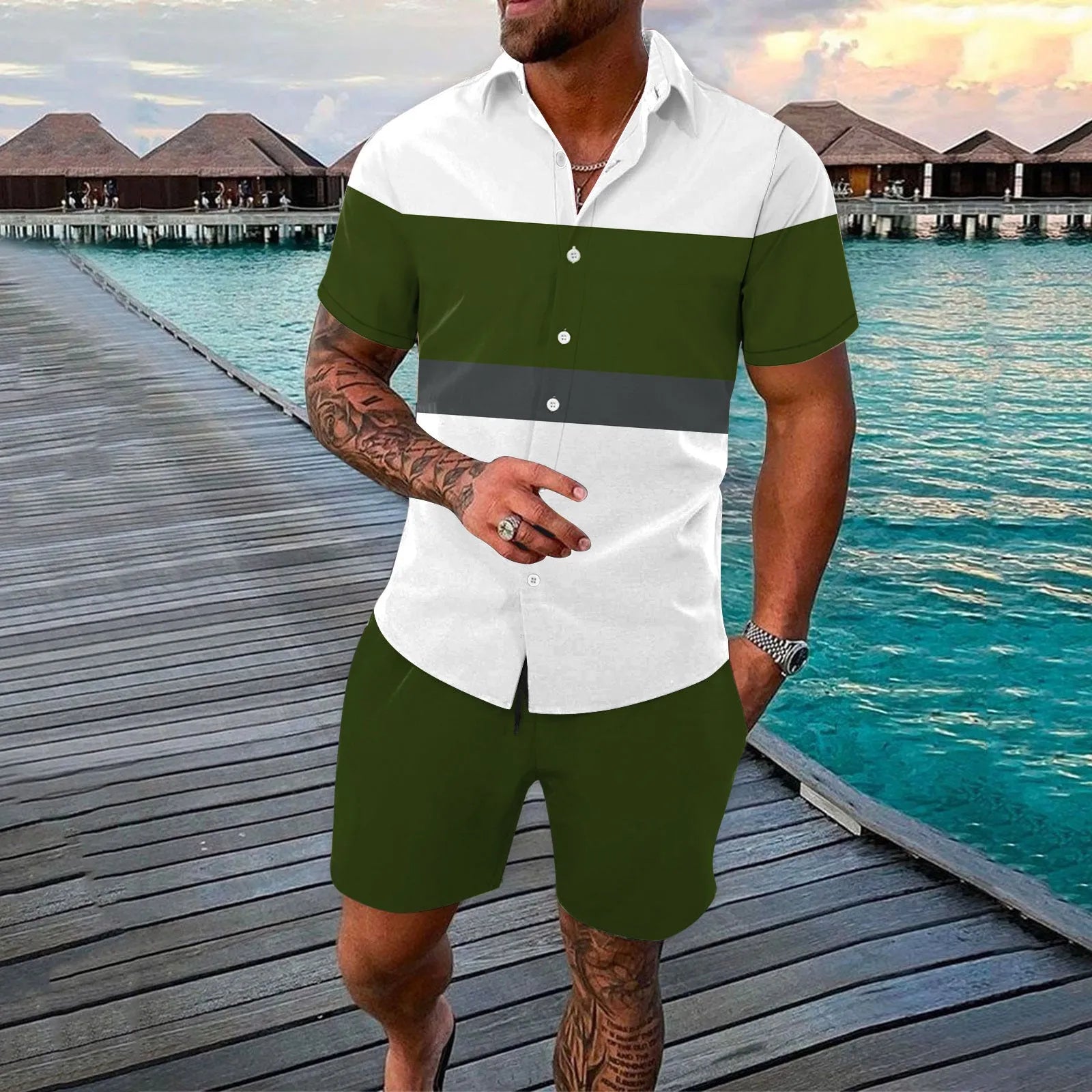 Men's summer cardigan lapels shirt outfit with colour-matching pattern in ZC-7801 style, polyester fabric, multiple sizes available