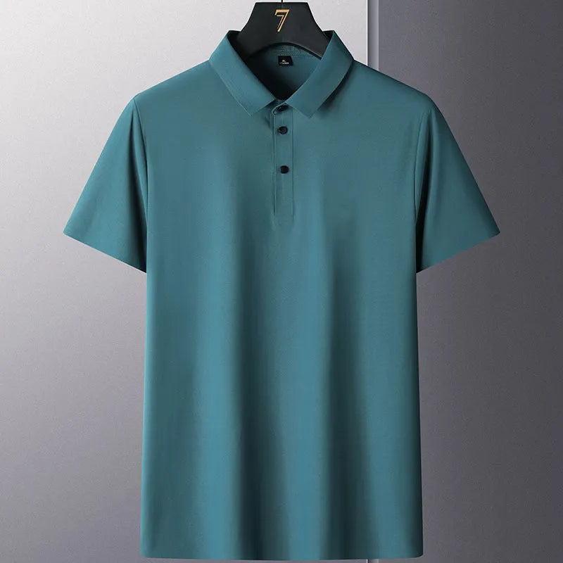 Non-ironing solid colour short sleeve men's business casual shirt in navy blue.