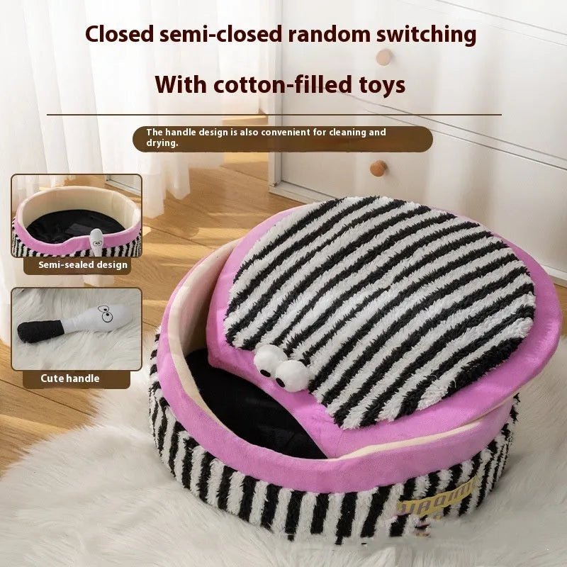 Striped pet kennel three-piece set showing sofa nest, big mouth nest and teacup nest with super soft fabric