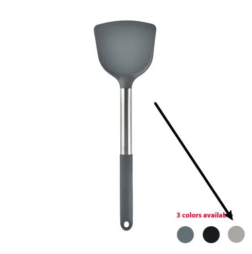 12-piece black silicone kitchen utensil set with tools stored in a rotating countertop storage bucket