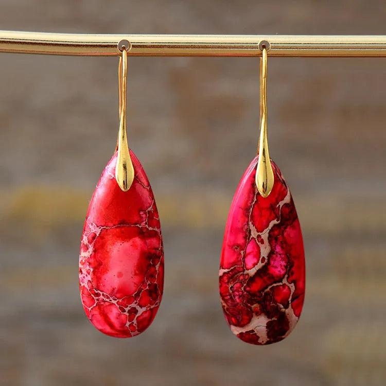Bohemian emperor stone water drop earrings for women in red purple blue or orange with gold ear hook options