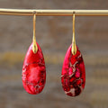 Bohemian emperor stone water drop earrings for women in red purple blue or orange with gold ear hook options