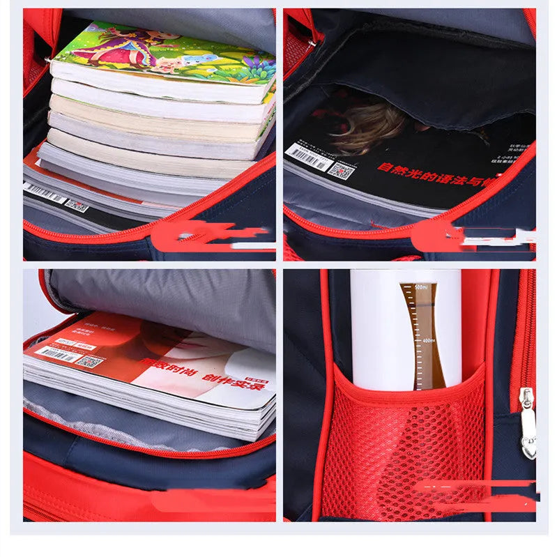 Blue nylon school backpack with cartoon print, shown with a pencil case