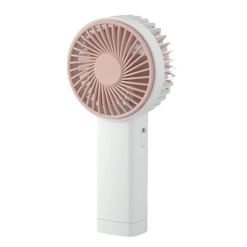Outdoor portable USB rechargeable handheld fan in pink with plastic blades and brushed motor