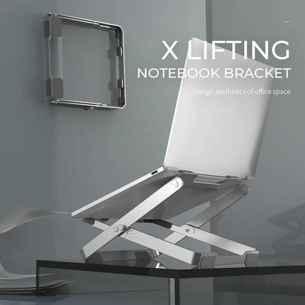 Folding silver grey aluminium laptop stand with silicone pads in expanded position showing heat dissipation design