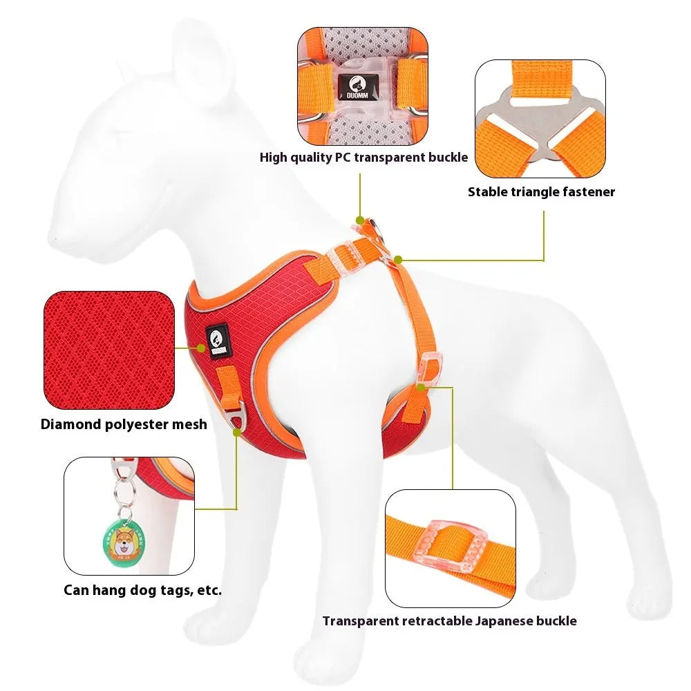 Adjustable dog harness with breathable mesh and reflective piping in black red grey light purple colours