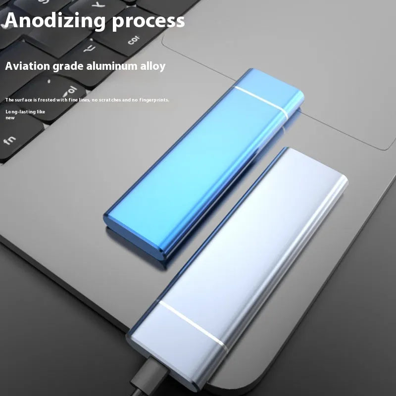 Sapphire blue portable solid state external hard drive with USB cable