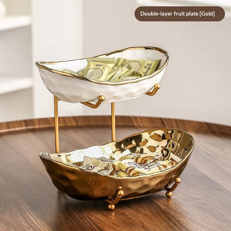Multi-layer ceramic fruit tray with gold frame and electroplated stone texture