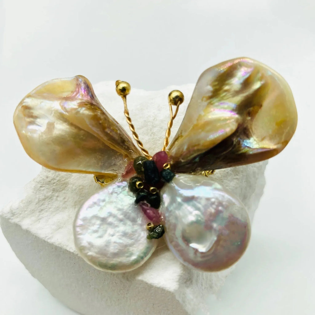 Handwoven epoxy shell butterfly brooch in light brown, handmade, original design, for women