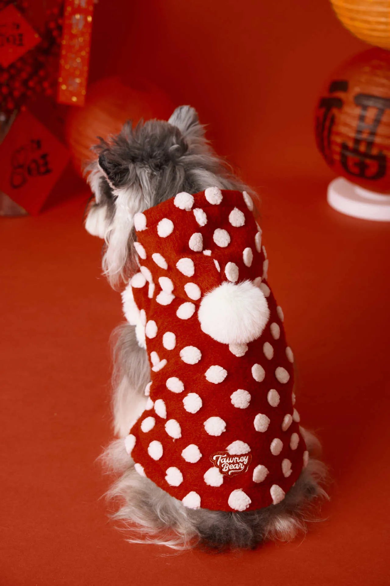 Red polka dot sleeveless hooded dog vest coat on a pet, front view, polyester fabric