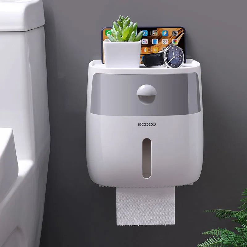 Multi-function double-layer plastic tissue box pumping rack in punch-free waterproof design, black colour option, on bathroom counter