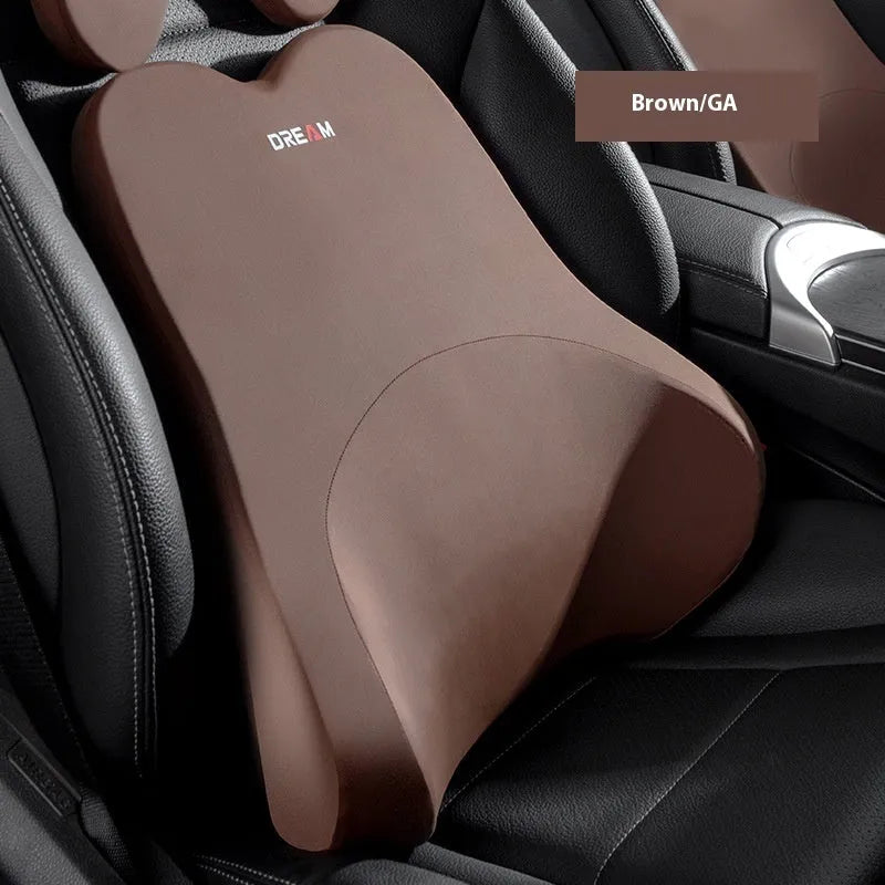Memory foam car headrest and lumbar support set in grey on a car seat