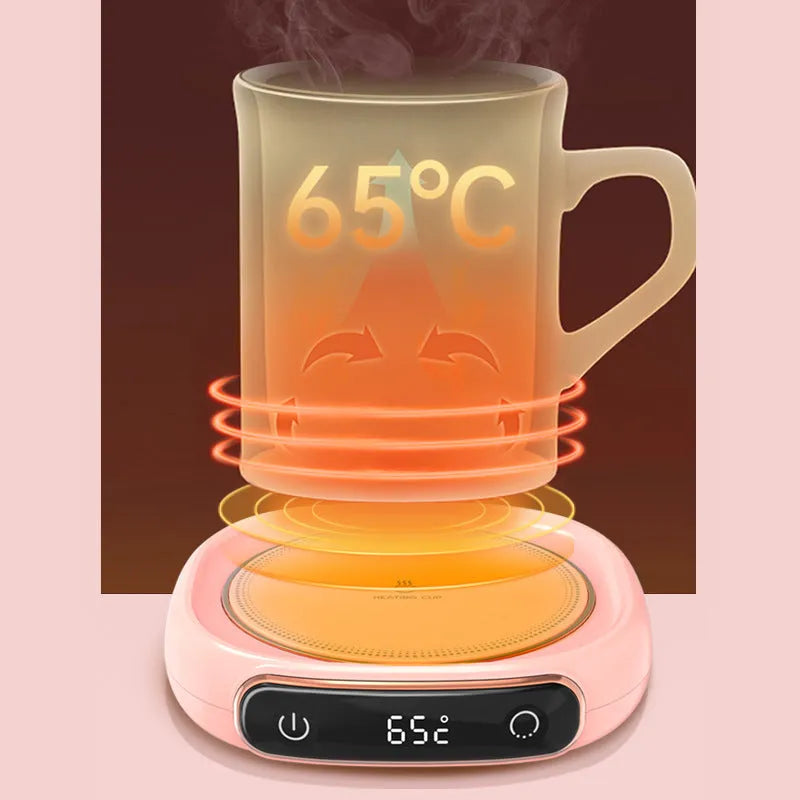 White USB coffee mug warmer heating pad on a wooden desk