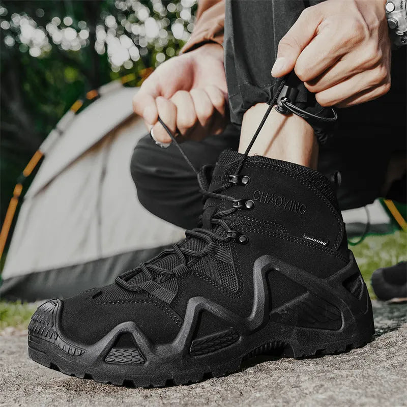 Men's high-top canvas tactical desert boots with rubber sole in black, grey, or khaki.